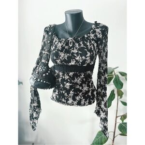 Vintage 1990s GUESS | Black Floral Mesh Off-Shoulder Babydoll Top